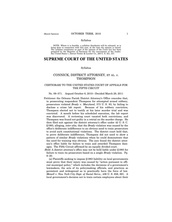 First page of the U.S. Supreme Court decision in Connick v. Thompson (2010), a landmark ruling that reaffirmed absolute immunity for prosecutors even in cases of proven misconduct.