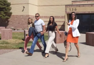 Barry Morphew, his family, and Iris Eytan exit the courthouse after Morphew's trial was acquitted